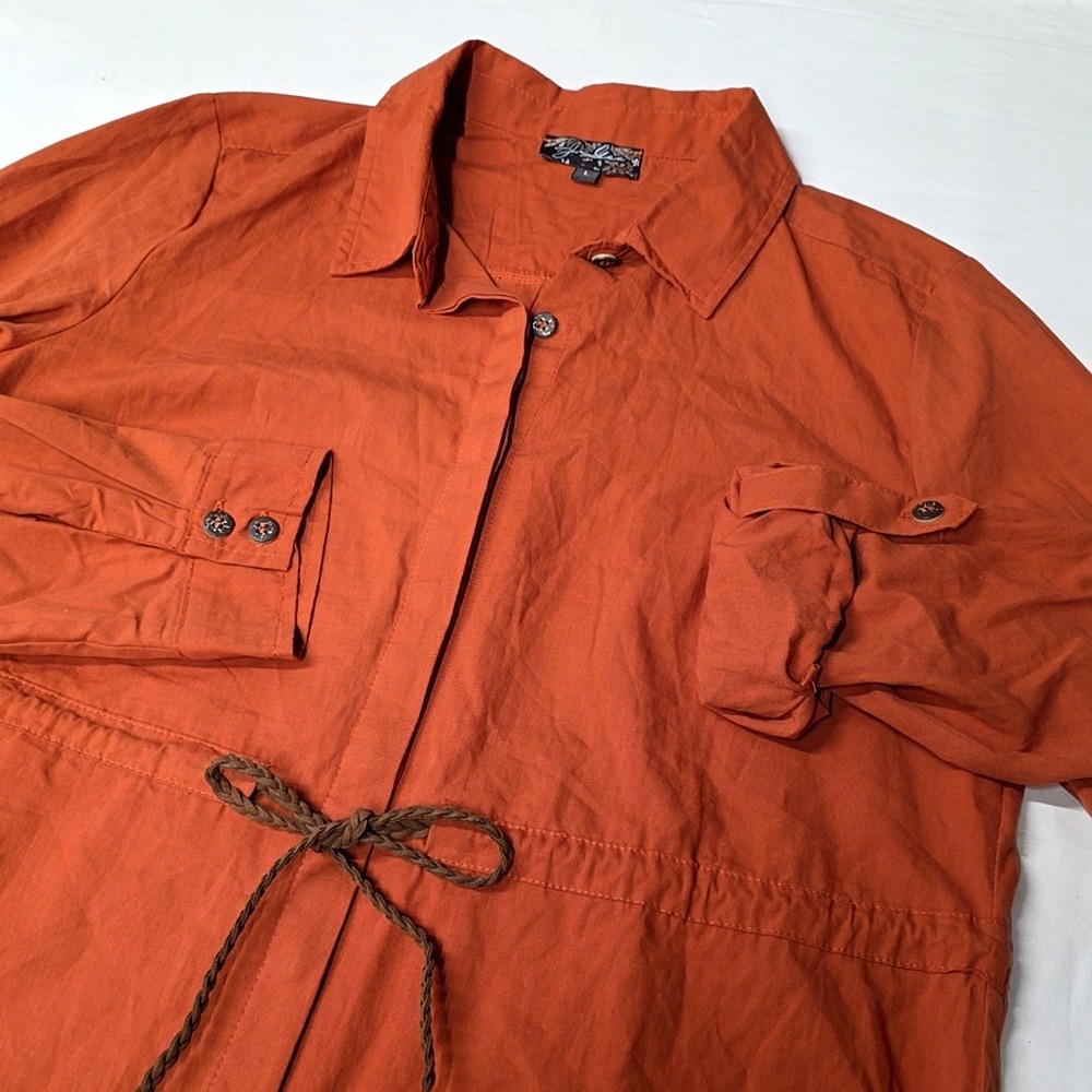 J. Gee Shirt Dress Womens Large Orange Braided Tie Waist Roll Tab Cotton 1072‎
